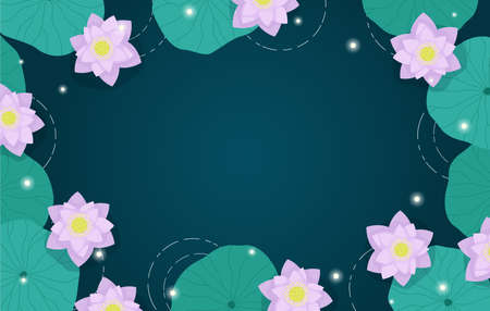 A frame of lotus flowers and leaves on dark water. vector illustration.のイラスト素材