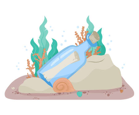 A glass bottle with a note or a map lies at the bottom of the ocean. pirate card. vector illustration.のイラスト素材