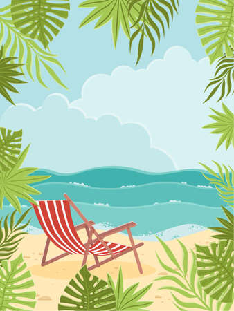 A chaise longue on the beach, against the background of the sea. vector illustration.のイラスト素材