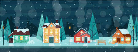 A snow-covered street with cozy houses. Winter evening in the village. vector illustration.のイラスト素材
