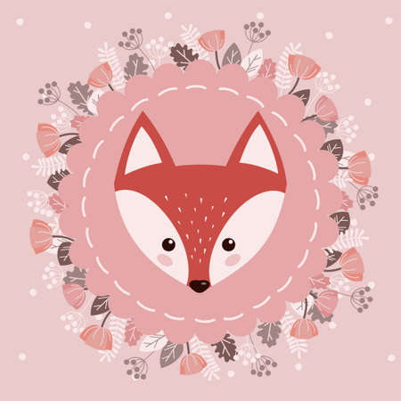 Cute fox on a background of flowers and leaves. A wreath of flowers and leaves.のイラスト素材