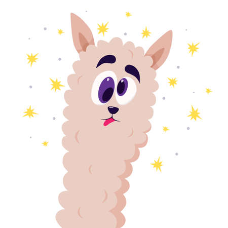 Crazy llama. A llama with oblique eyes of different sizes and stars around the head. vector illustration.のイラスト素材