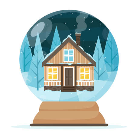 A snow globe with a house on the background of a snow-covered forest. vector illustration.のイラスト素材