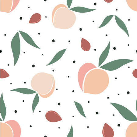 Seamless pattern - the image of peaches, leaves and peach pits. vector illustration.のイラスト素材