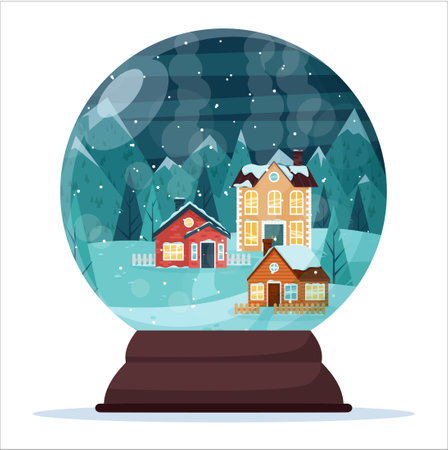 A snow globe with rustic houses, forests and mountains. vector illustration.のイラスト素材
