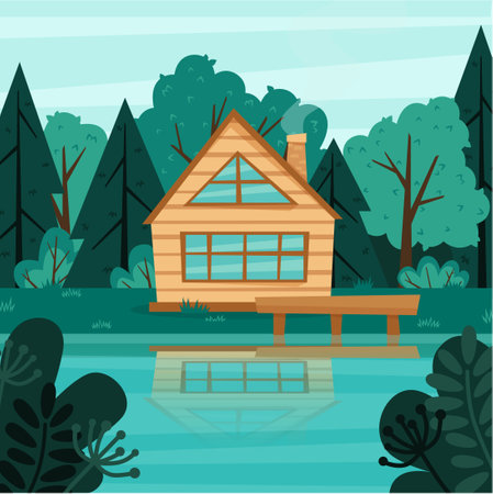 Wooden house on the lake shore in the forest. vector illustration.のイラスト素材