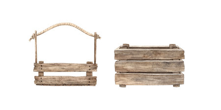 Watercolor drawing of wooden boxes, isolated elements on white, hand-drawn. It can be used in printing and graphic design, for postcards.の写真素材