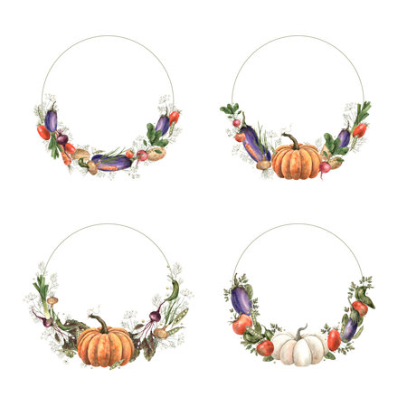 Watercolor wreath of vegetables: pumpkin, radish, tomato, eggplant, tomato, peas, dill, carrots, onions, potatoes. Hand drawn composition on white background, suitable for designの写真素材