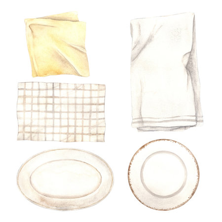 Set of illustrations of watercolor kitchen towels and utensils. Hand-drawn different textile napkins and ceramic plates of round and oval shapes, isolated on the background.の写真素材