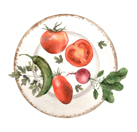 Watercolor illustration with a plate and vegetables: tomato, pepper, radish, parsley. Composition on a white background. Hand drawn clipart used in graphic design, for menusの写真素材