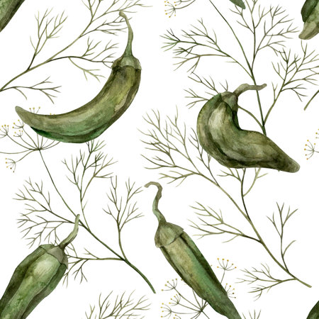 Seamless watercolor pattern of green spicy dill and green pepper. Hand drawn botanical illustrations on isolated background. It can be used in print design, for cards, wallpaperの写真素材
