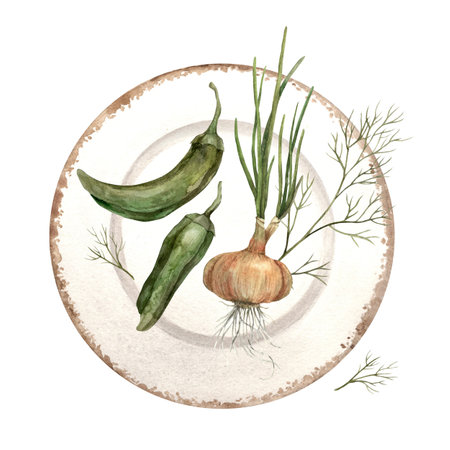 Watercolor illustration with a plate and vegetables: pepper, dill, onion. Composition on a white background. Hand drawn clipart used in graphic design, for menus, postersの写真素材