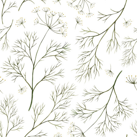 Seamless watercolor surface pattern of green spicy dill. Hand drawn botanical illustrations on isolated background. It can be used in print design, for cards, wallpaper, fabricの写真素材