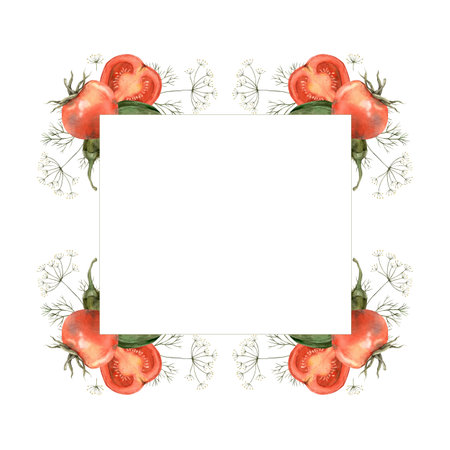 Watercolor frame with tomato, pepper and dill. Hand drawn and isolated on white background. Use in designs, invitations, posters, signs, billboards, posts, menus, cookbooksの写真素材