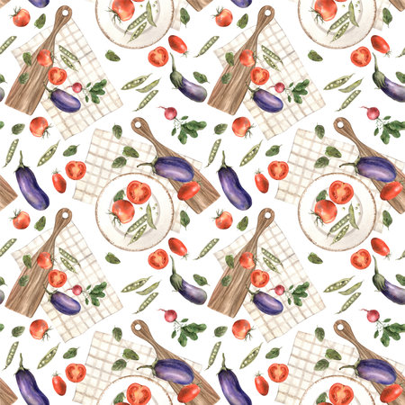 Pattern of compositions with eggplants, tomatoes, peas, radishes on a brown kitchen wooden cutting board and textile towel with a ceramic plate. Hand drawn watercolor illustration.の写真素材