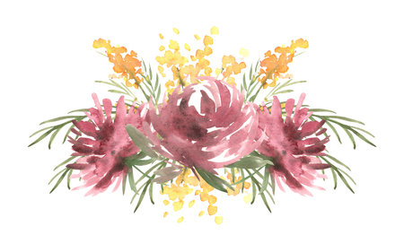 Watercolor floral bouquet with aster and mimosa. Isolated hand painted design. Botanical illustration for wedding design, greeting cards, March 8, Mother's Day, for logos, posters.の写真素材