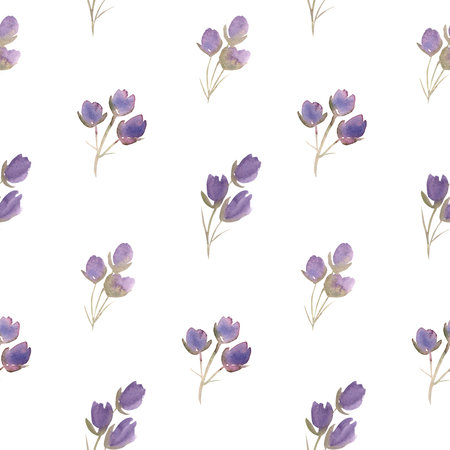 Watercolor floral pattern. Delicate purple floral arrangement with flowers and green leaves. Isolated hand painted design. Botanical illustration for wedding design, greeting cards, March 8, posters.の写真素材