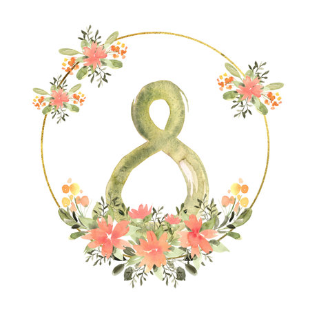 Floral watercolor round frame with orange, yellow flowers and greenery, frame with gold texture and...