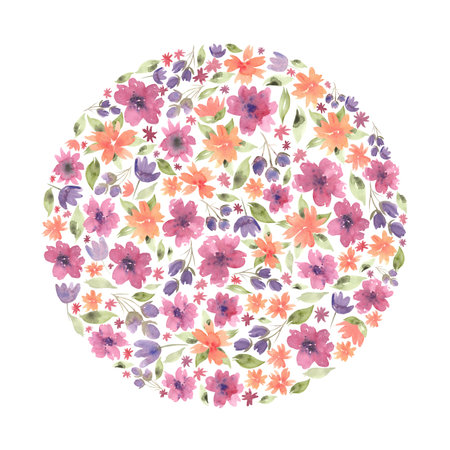 Watercolor floral round composition of different flowers and green leaves. Hand drawn illustration of botanical template for greeting cards or wedding invitations, mother's day, birthday, march 8, posters, logos.の写真素材