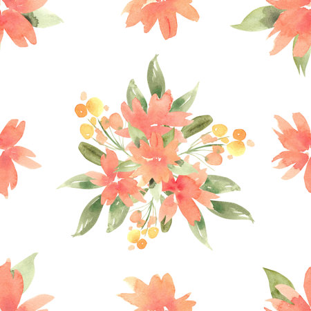 Watercolor floral pattern with orange flowers and green leaves. Watercolor botanical illustration hand drawn. Use for wedding design, greeting cards, March 8, Mother's Day, invitations, posters, logos.の写真素材