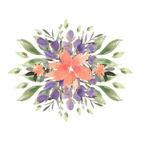 Watercolor floral composition with purple flowers and greenery. Hand drawn illustration of botanical template for greeting cards or wedding invitations, mother's day, birthday, march 8, posters, logos.の写真素材