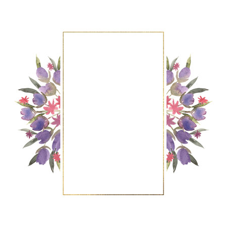 Watercolor floral frame with purple, pink flowers and green leaves. Hand drawn illustration of botanical template for greeting cards or wedding invitations, mother's day, birthday, march 8, posters, logos.の写真素材