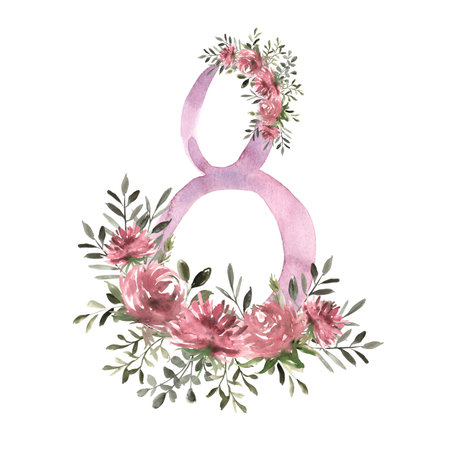 March 8, International Women's Day. Floral watercolor 8 with pink flowers and greenery. Hand drawn illustration of botanical template for greeting cards or wedding invitations, mother's day, birthday, march 8, posters, logos.の写真素材