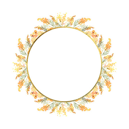 Floral watercolor round frame with yellow mimosa and greenery, frame with gold texture. Hand drawn illustration of botanical template for greeting cards or wedding invitations, mother's day, birthday, march 8, posters, logos.の写真素材