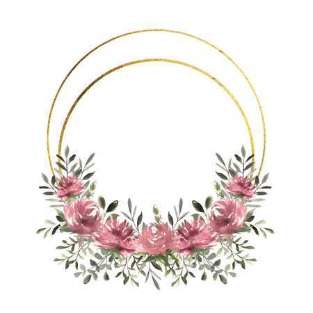 Floral round frame with beautiful asters and greenery, golden texture frame. Hand drawn watercolor illustration of botanical template for greeting cards or wedding invitations, mother's day, birthday, march 8, posters, logos.の写真素材