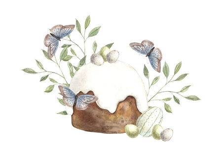 Watercolor Easter cake with decor, eggs, greens and butterflies. Easter holiday illustration hand drawn. Sketch on isolated background for greeting cards, invitations, happy holidays, posters, decor.の写真素材