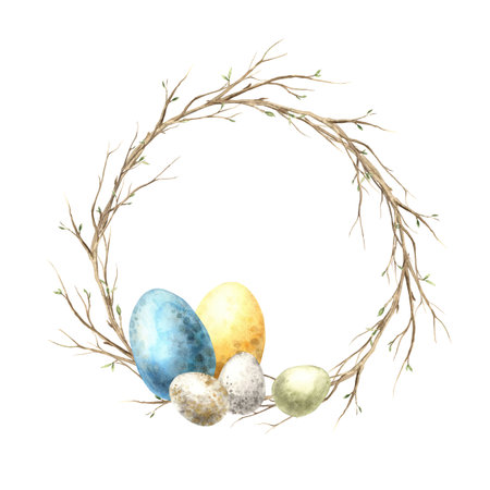 Watercolor wreath of spring twigs with multi-colored eggs. Easter holiday illustration hand drawn. Sketch on isolated background for greeting cards, invitations, happy holidays, posters, decor.の写真素材