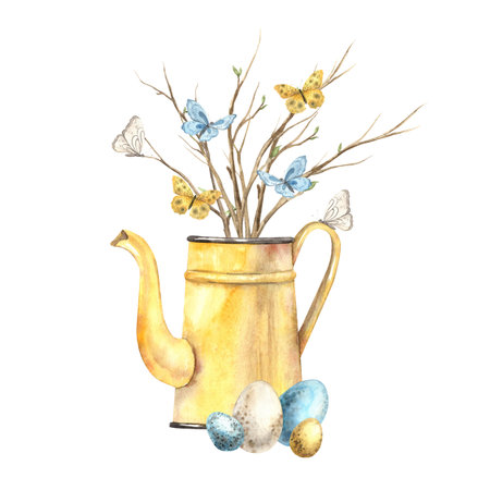 Watercolor illustration of Happy Easter with eggs, butterflies, plants, garden watering can, twigs. Drawn by hand isolated on a separate background. Suitable for greeting cards, tags, invitations, print, packaging, graphic design, fabric.の写真素材