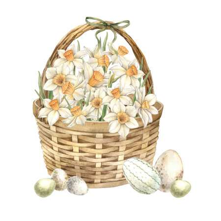 Watercolor Easter illustration with wicker basket, white daffodils and Easter eggs. Illustration hand drawn on isolated background for greeting cards, invitations, happy holidays, posters, decor.の写真素材