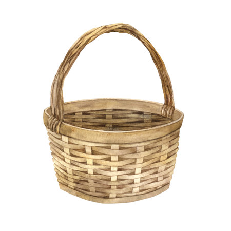 Watercolor illustration of a wicker brown basket. Blank element for picnic, flowers, vegetables, food isolated on background. Rustic vintage straw basket is used in designs on postcards and textiles.の写真素材
