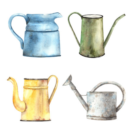 Set of watercolor garden watering cans in different colors. Blank items hand drawn on isolated background for greeting cards, invitations, happy holidays, posters, decor.の写真素材