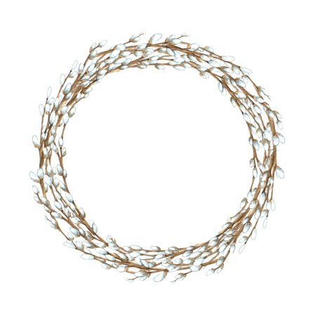 Watercolor wreath of willow branches. Easter holiday illustration hand drawn. Sketch on isolated background for greeting cards, invitations, happy holidays, posters, decorの写真素材