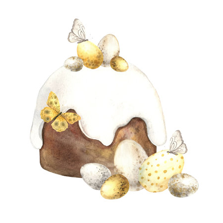 Watercolor composition with Easter cake, eggs and butterflies. Easter holiday illustration hand drawn. Sketch on isolated background for greeting cards, invitations, happy holidays, posters.の写真素材