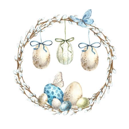 Watercolor Easter wreath made of willow with eggs, butterflies and bows. Easter holiday illustration hand drawn. Sketch on isolated background for greeting cards, invitations, happy holidays, posters.の写真素材
