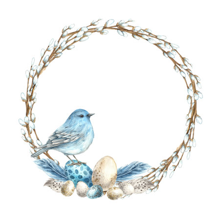 Watercolor Easter willow wreath with eggs, bluebird and assorted feathers. Easter holiday illustration hand drawn. Sketch on isolated background for greeting cards, invitations, happy holidays, posters, graphic design.の写真素材