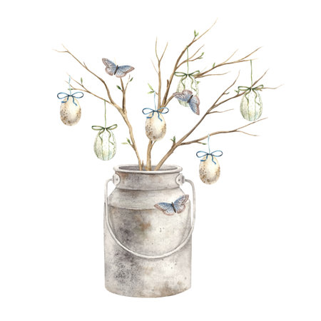 Watercolor illustration of Happy Easter with eggs, branches, bows and vase (can). Hand drawn isolated on a separate background. Suitable for greeting cards, tags, invitations, print, packaging, graphic design, fabric.の写真素材