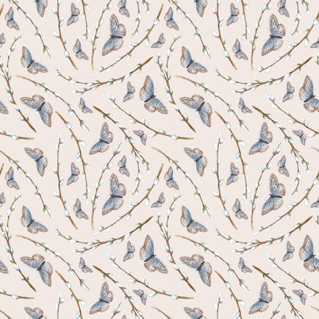 Watercolor Easter pattern on a beige background with willow and butterflies. Easter holiday illustration hand drawn. Sketch on isolated background for greeting cards, invitations, happy holidays, posters, fabric, wallpaper.の写真素材