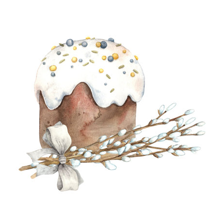 Watercolor Easter cake with a bouquet of willow. Hand drawn illustrations on isolated background for...