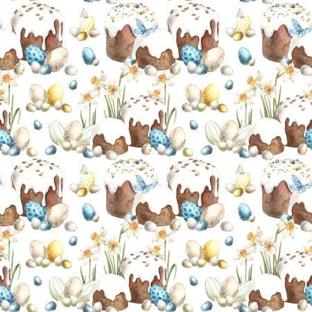Watercolor Easter pattern with daffodils, Easter cake and eggs on a white background. Easter holiday illustration hand drawn. Sketch on isolated background for greeting cards, invitations, happy holidays, posters, fabric, wallpaper.の写真素材