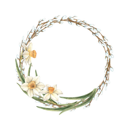 Watercolor wreath of spring branches with delicate daffodils. Easter holiday illustration hand drawn. Sketch on isolated background for greeting cards, invitations, banners, posters, textiles, labels.の写真素材