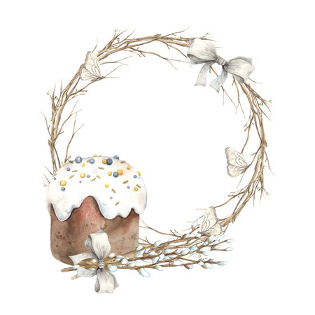 Watercolor wreath of tree branches with Easter cake and a bouquet of willow. Hand drawn illustrations on isolated background for greeting cards, invitations, happy holidays, posters, graphic design, print, label.の写真素材
