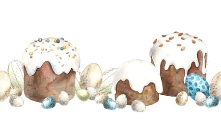 Watercolor Easter endless composition with Easter cakes and eggs. Hand drawn illustrations on isolated background for greeting cards, invitations, happy holidays, posters, graphic design, print, label.の写真素材