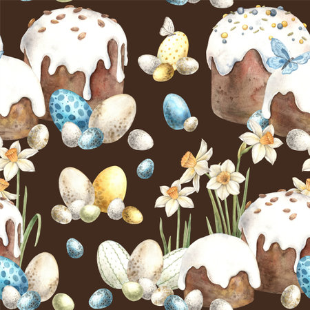 Watercolor Easter pattern with daffodils, Easter cake and eggs on a brown background. Easter holiday illustration hand drawn. Sketch on isolated background for greeting cards, invitations, happy holidays, posters, fabric, wallpaper.の写真素材