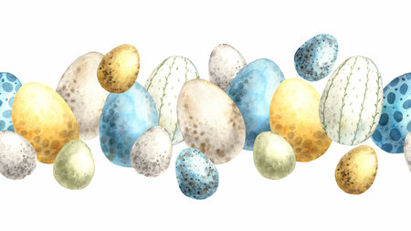 Watercolor seamless Easter line (frame) of colorful eggs. Hand drawn illustrations on isolated background for greeting cards, invitations, happy holidays, posters, graphic design, print, label.の写真素材