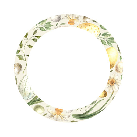 Watercolor Easter round frame made of Easter elements. The illustration is hand drawn on an isolated background. Drawing for greeting cards, invitations, posters, book illustrations, fabric, design.の写真素材