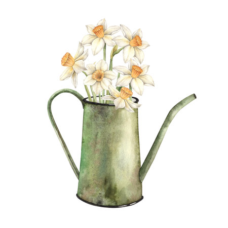 Watercolor floral composition with green watering can and daffodils. Hand drawn illustrations on isolated background for greeting cards, invitations, happy holidays, posters, fabric, label.の写真素材